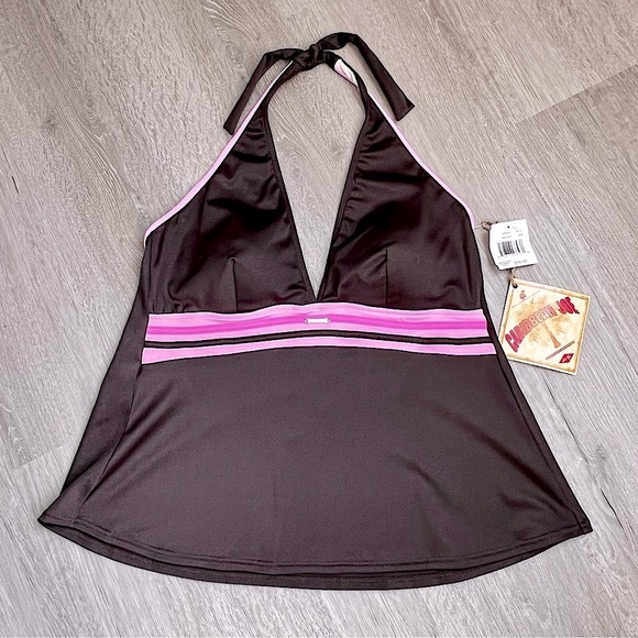NWT CARIBBEAN JOE Tankini Swim Top Chocolate Brown Pink Halter Plus Size 18W - Picture 2 of 16